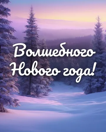 Новогодняя открытка с зимним лесом: зимний лес, надпись «Волшебного Нового года!»