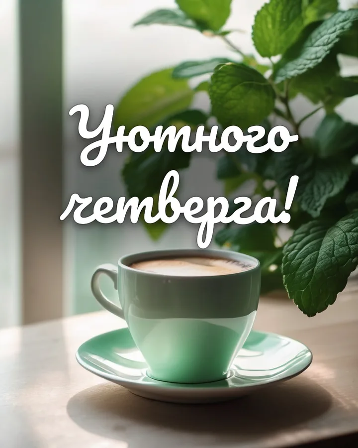 Открытка доброго четверга с чашкой кофе: чашка кофе, надпись «Уютного четверга!»