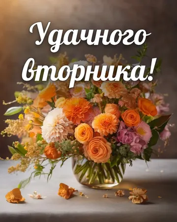 Открытка доброго вторника с букетом цветов: букет цветов, надпись «Удачного вторника!»