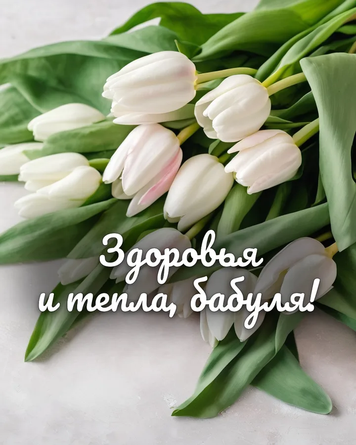 Открытка с днём рождения бабушке с тюльпанами: тюльпаны, надпись «Здоровья и тепла, бабуля!»
