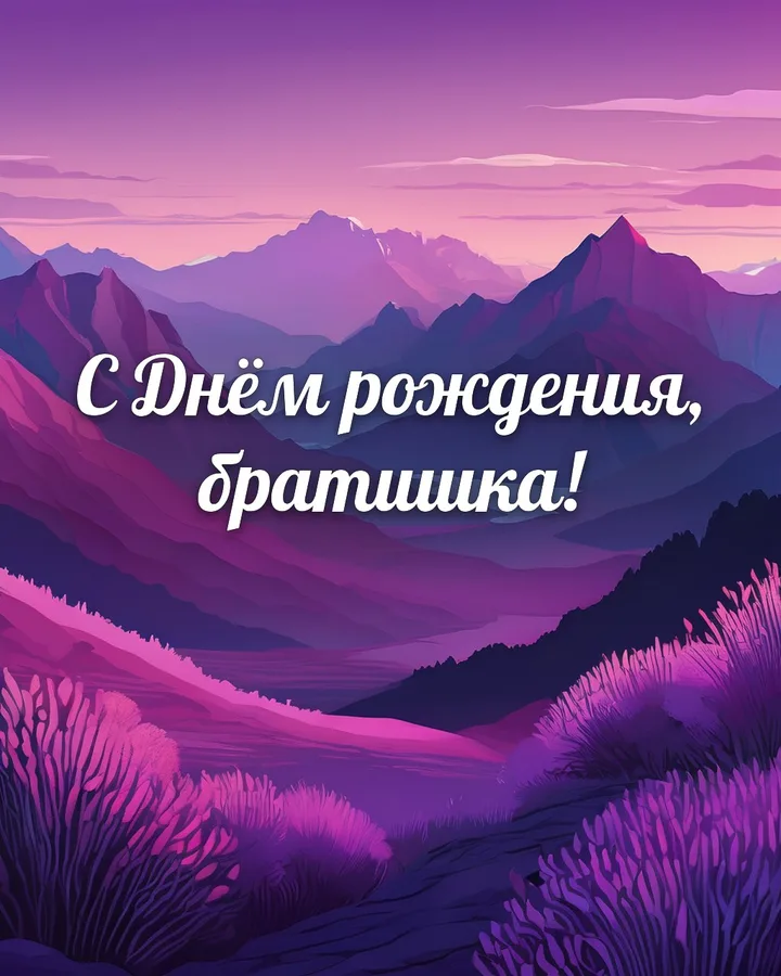 Открытка с днём рождения брату с горами: горный пейзаж, надпись «С Днём рождения, братишка!»