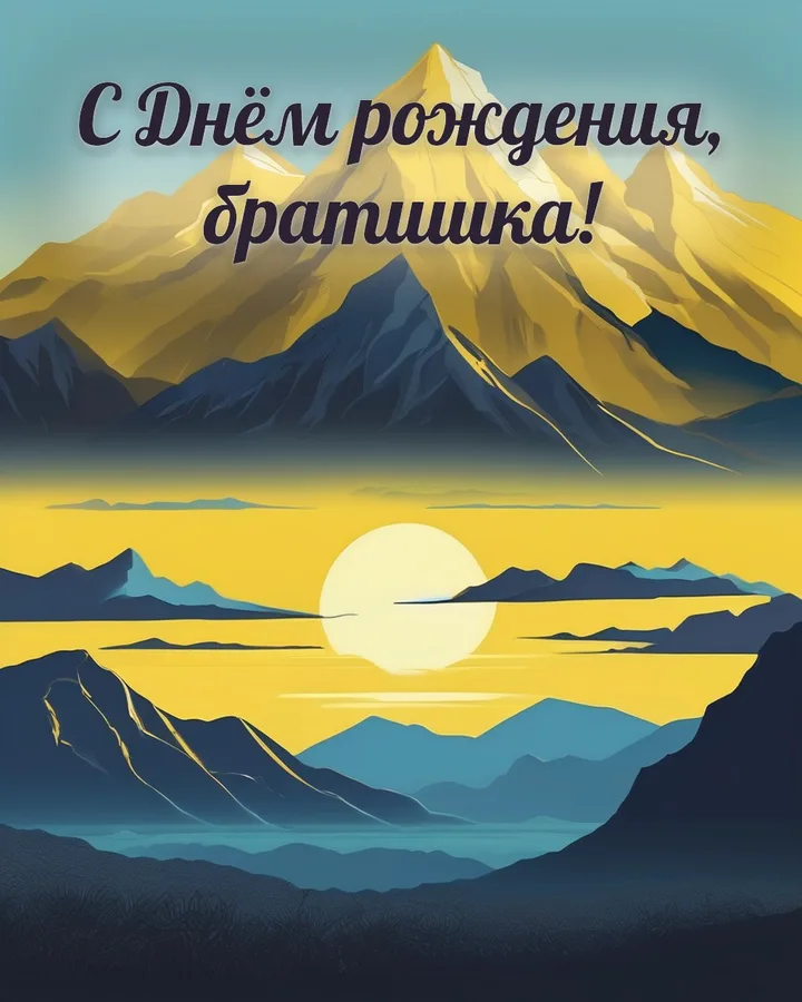 Открытка с днём рождения брату с горами: горный пейзаж, надпись «С Днём рождения, братишка!»