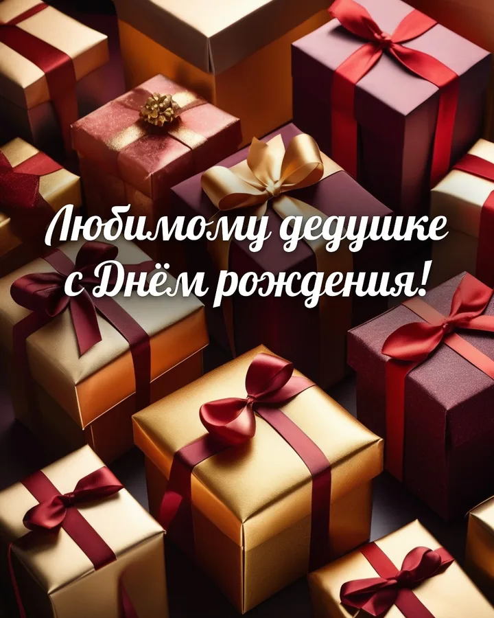Открытка с днём рождения дедушке с подарками: подарки, надпись «Любимому дедушке с Днём рождения!»