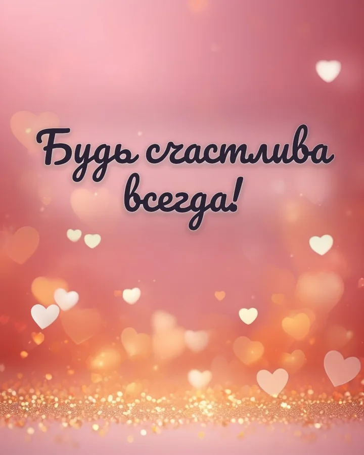 Открытка с днём рождения девушке с сердечками: сердечки, надпись «Будь счастлива всегда!»