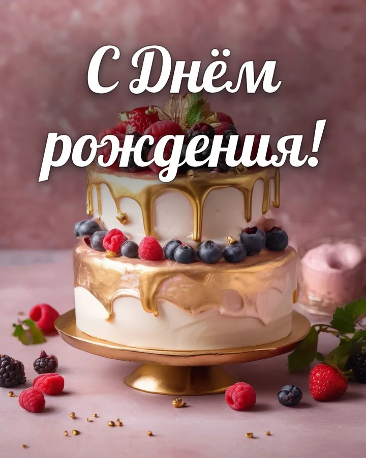 Открытка с днём рождения девушке с тортом: праздничный торт, надпись «С Днём рождения!»