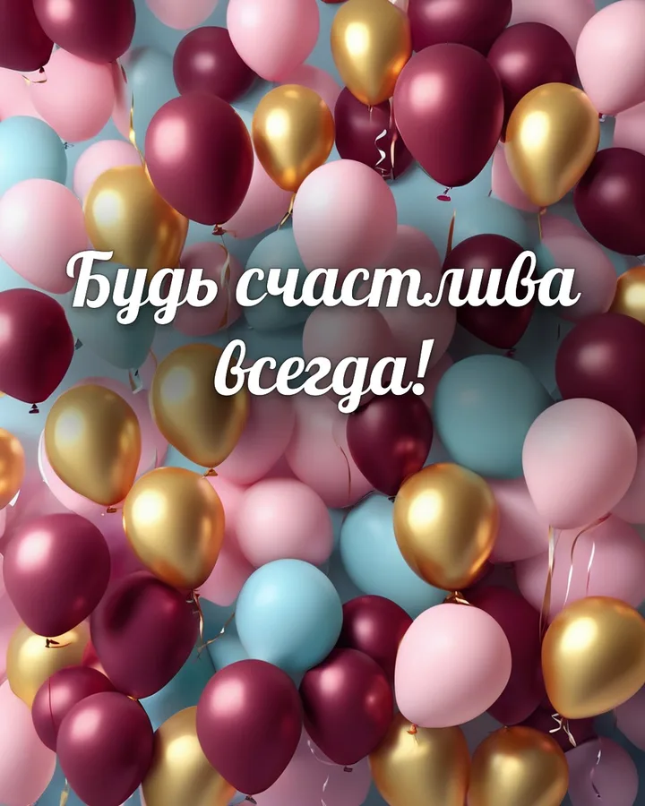 Открытка с днём рождения девушке с воздушными шарами: воздушные шары, надпись «Будь счастлива всегда!»