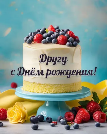 Открытка с днём рождения другу с тортом: праздничный торт, надпись «Другу с Днём рождения!»