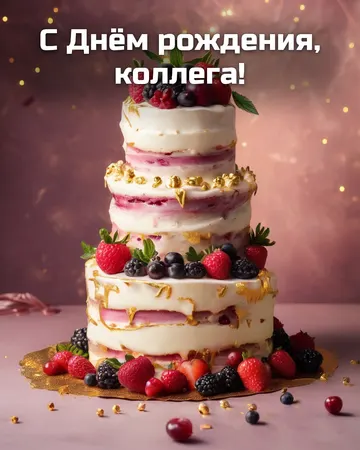 Открытка с днём рождения коллеге с тортом: праздничный торт, надпись «С Днём рождения, коллега!»