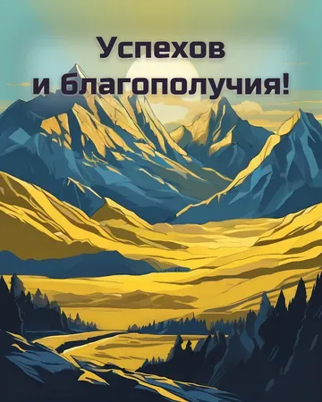 Открытка с днём рождения мужчине с горами: горный пейзаж, надпись «Успехов и благополучия!»