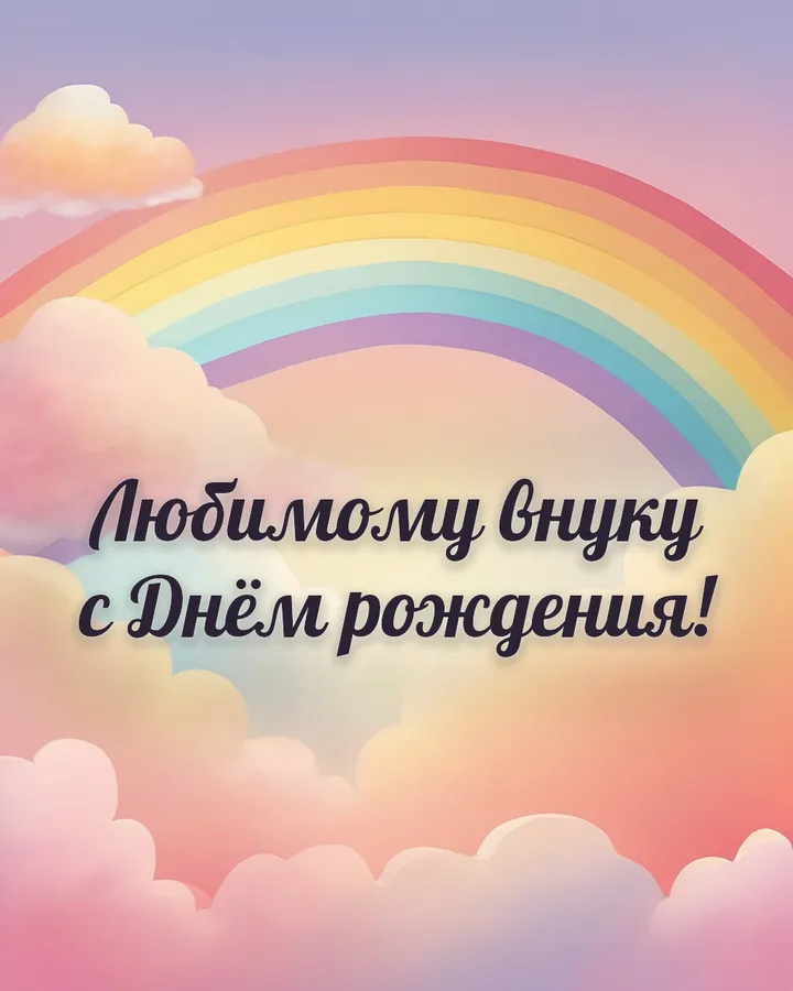 Открытка с днём рождения внуку с радугой: радуга, надпись «Любимому внуку с Днём рождения!»