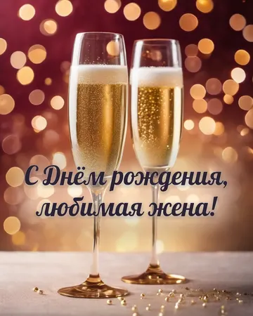 Открытка с днём рождения жене с шампанским: бокалы шампанского, надпись «С Днём рождения, любимая жена!»