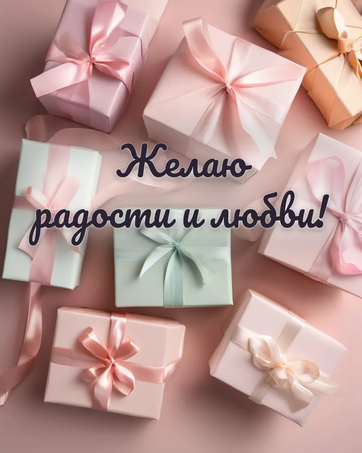 Открытка с днём рождения женщине с подарками: подарки, надпись «Желаю радости и любви!»