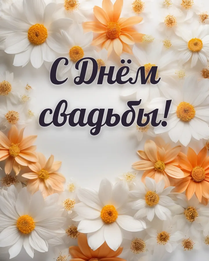 Открытка с днём свадьбы с белыми цветами: белые цветы, надпись «С Днём свадьбы!»