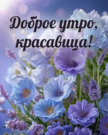 Открытка с добрым утром женщине с утренними цветами: цветы в утренних лучах, надпись «Доброе утро, красавица!»