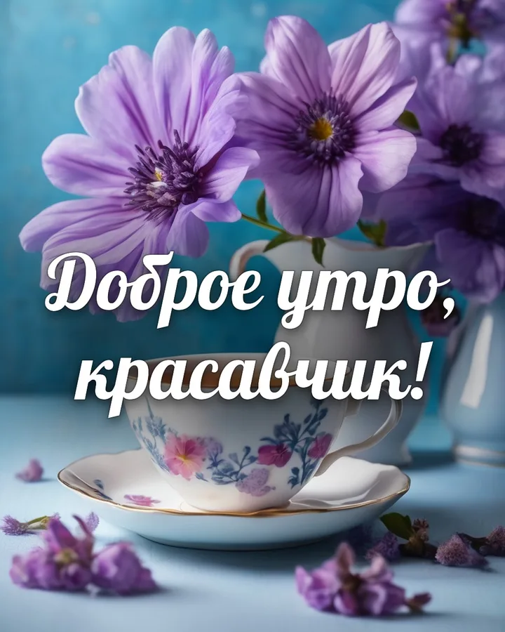 Прикольная открытка с добрым утром с чашкой чая: чашка чая, надпись «Доброе утро, красавчик!»